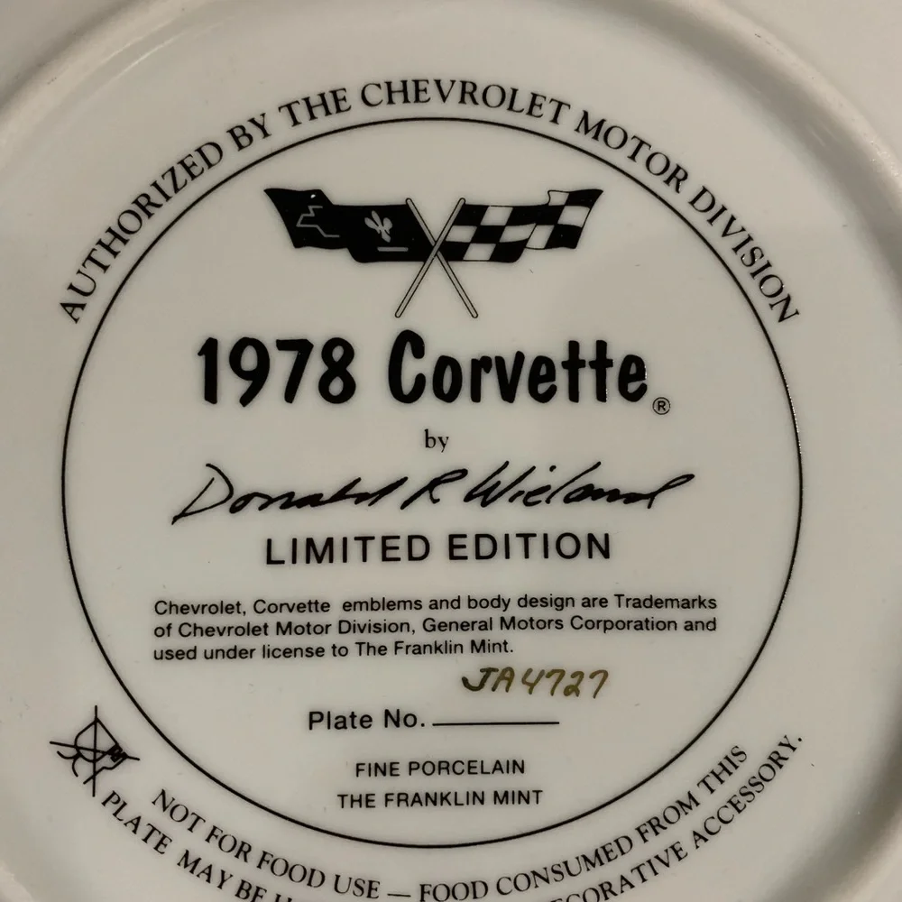 Franklin Mint 1978 Corvette Plate # JA4727